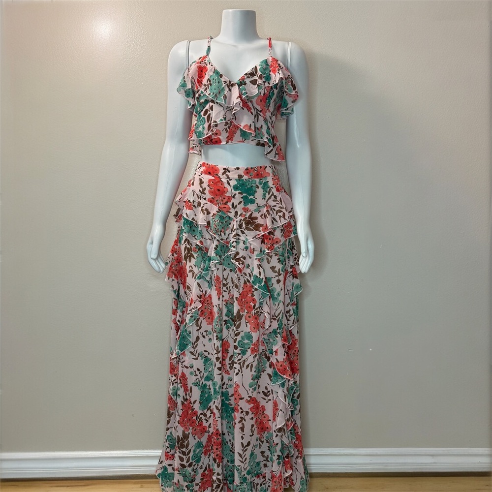 Light pink multi color tropical print crop top ruffle slit maxi skirt set